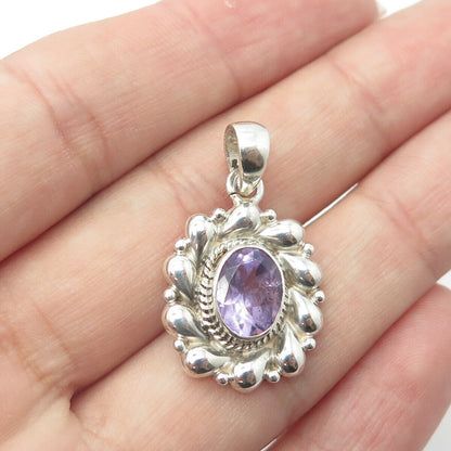 925 Sterling Silver Vintage Real Oval-Cut Shaped Amethyst Floral Pendant