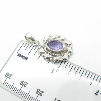 925 Sterling Silver Vintage Real Oval-Cut Shaped Amethyst Floral Pendant