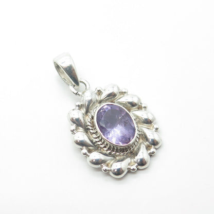 925 Sterling Silver Vintage Real Oval-Cut Shaped Amethyst Floral Pendant