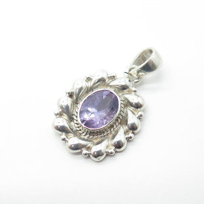 925 Sterling Silver Vintage Real Oval-Cut Shaped Amethyst Floral Pendant