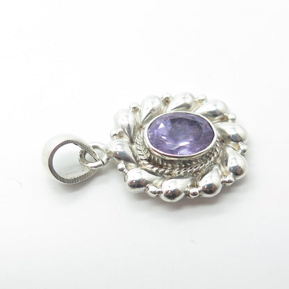 925 Sterling Silver Vintage Real Oval-Cut Shaped Amethyst Floral Pendant