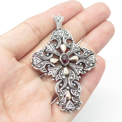 925 Sterling Silver 2-Tone Vintage Real Amethyst Cross Pendant