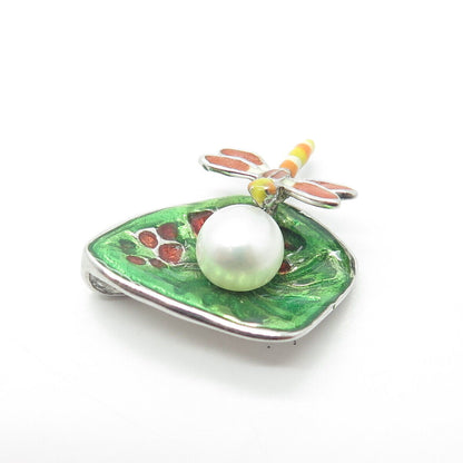 925 Sterling Silver Vintage Real Pearl & Enamel Leaf Dragonfly Pendant