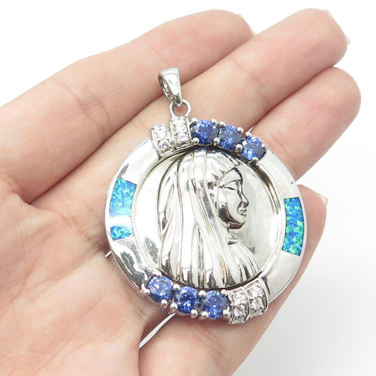 925 Sterling Silver Lab-Opal Blue & White C Z Catholic Lourdes Religious Pendant