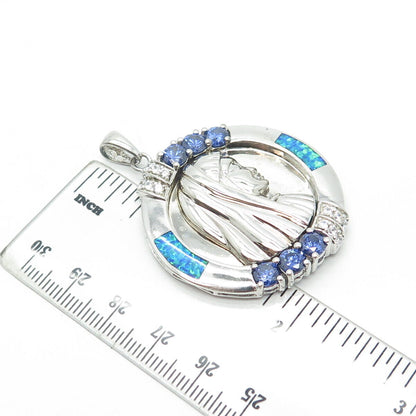 925 Sterling Silver Lab-Opal Blue & White C Z Catholic Lourdes Religious Pendant