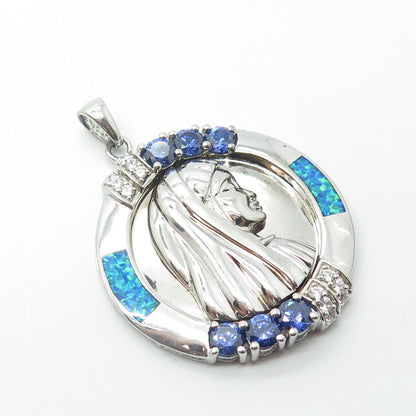 925 Sterling Silver Lab-Opal Blue & White C Z Catholic Lourdes Religious Pendant