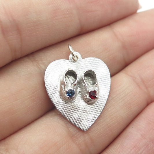 925 Sterling Silver Vintage M&M Red & Blue Glass Kid's Shoes Heart Charm Pendant