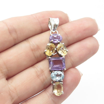 925 Sterling Silver Vintage Real Citrine & Amethyst & Blue Topaz Pendant