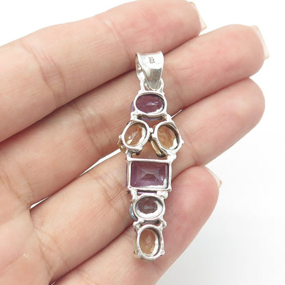 925 Sterling Silver Vintage Real Citrine & Amethyst & Blue Topaz Pendant