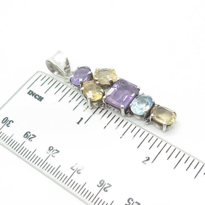 925 Sterling Silver Vintage Real Citrine & Amethyst & Blue Topaz Pendant