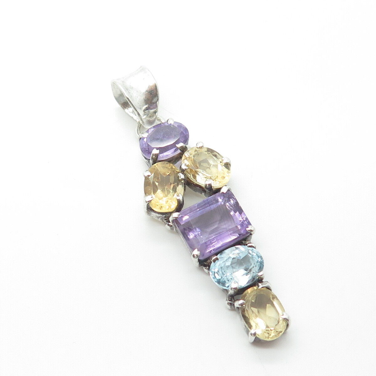 925 Sterling Silver Vintage Real Citrine & Amethyst & Blue Topaz Pendant