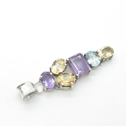 925 Sterling Silver Vintage Real Citrine & Amethyst & Blue Topaz Pendant