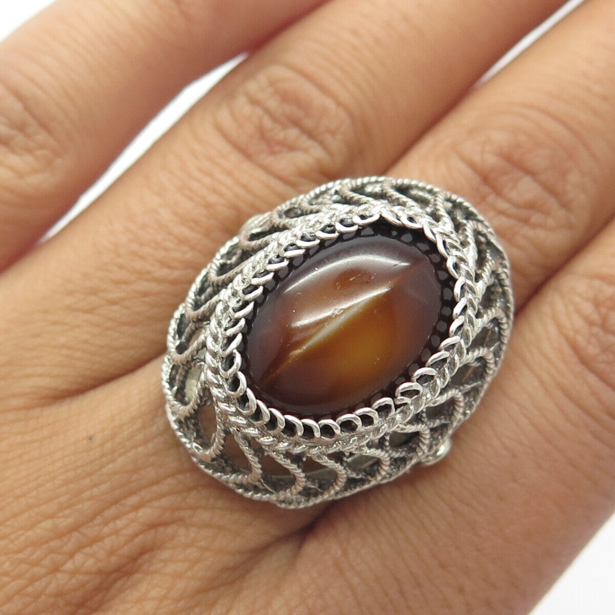 925 Sterling Silver Vintage Cat's Eye Imitation Filigree Statement Ring Size 8.5