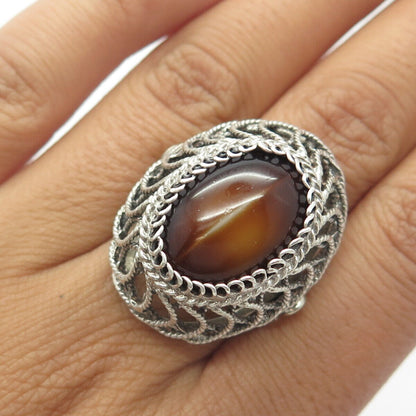 925 Sterling Silver Vintage Cat's Eye Imitation Filigree Statement Ring Size 8.5