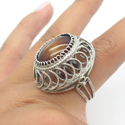 925 Sterling Silver Vintage Cat's Eye Imitation Filigree Statement Ring Size 8.5