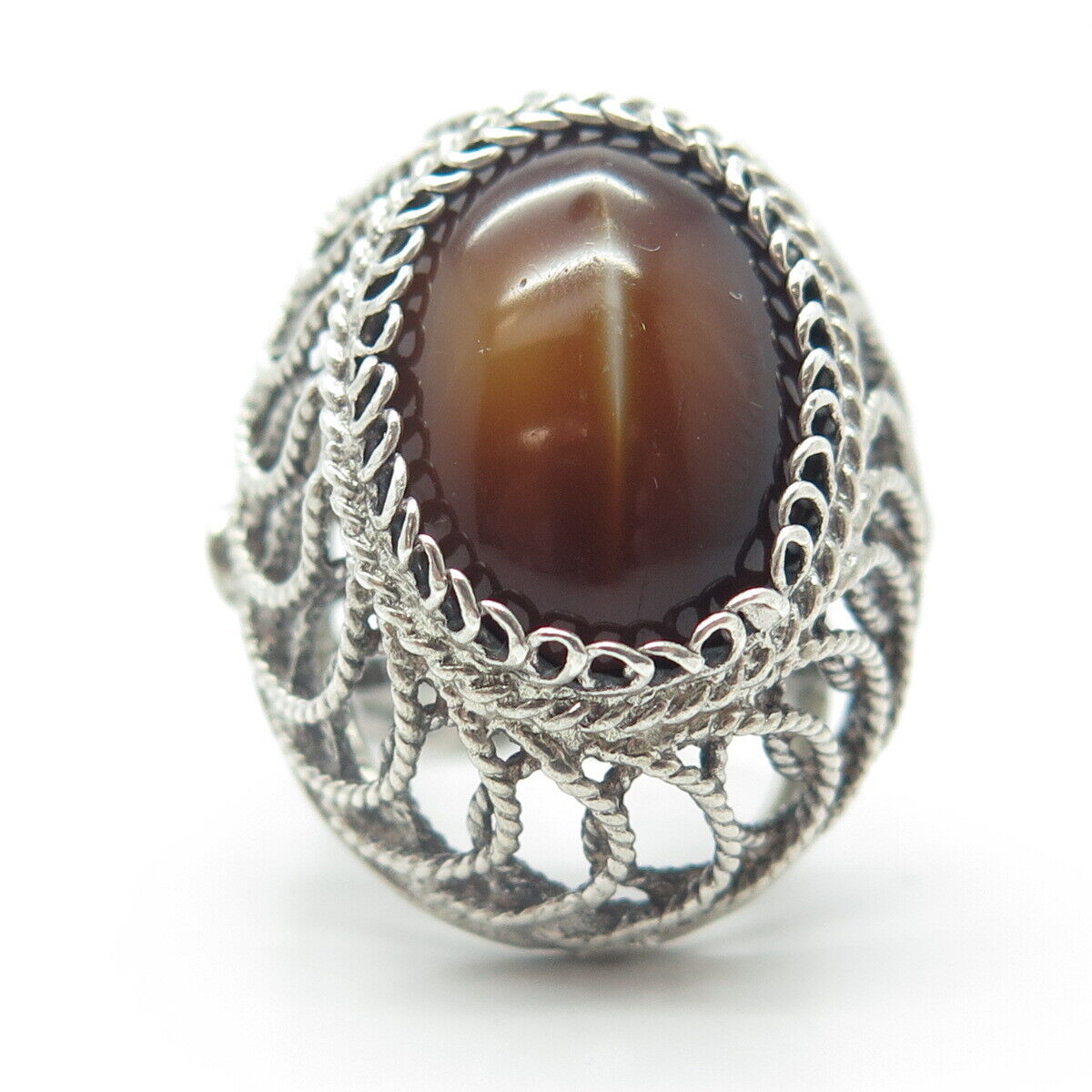 925 Sterling Silver Vintage Cat's Eye Imitation Filigree Statement Ring Size 8.5