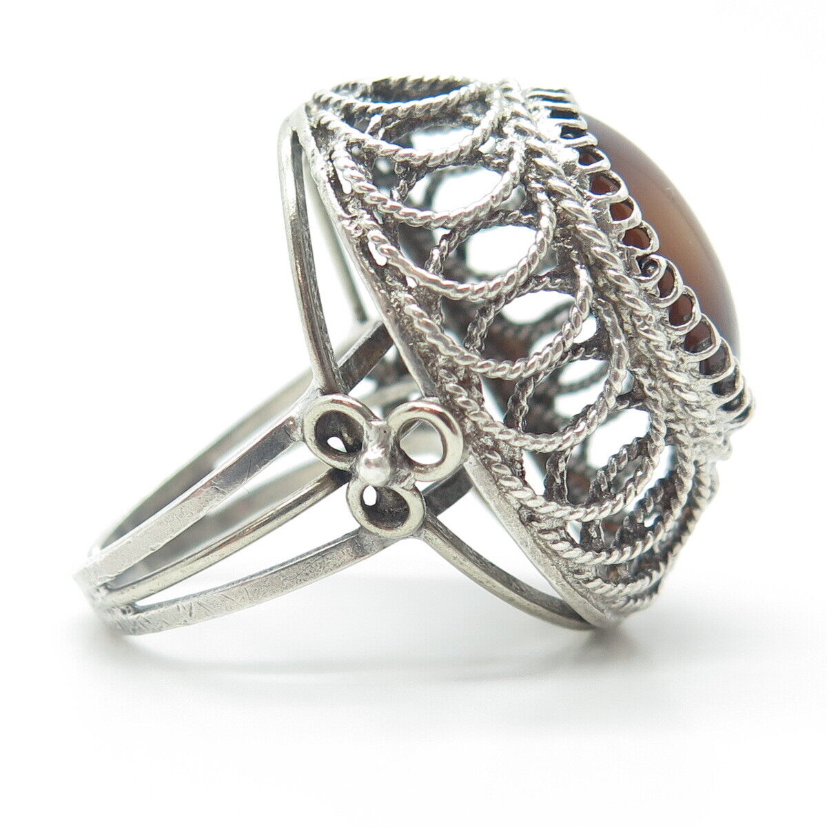 925 Sterling Silver Vintage Cat's Eye Imitation Filigree Statement Ring Size 8.5