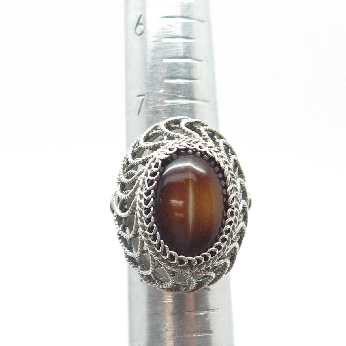 925 Sterling Silver Vintage Cat's Eye Imitation Filigree Statement Ring Size 8.5