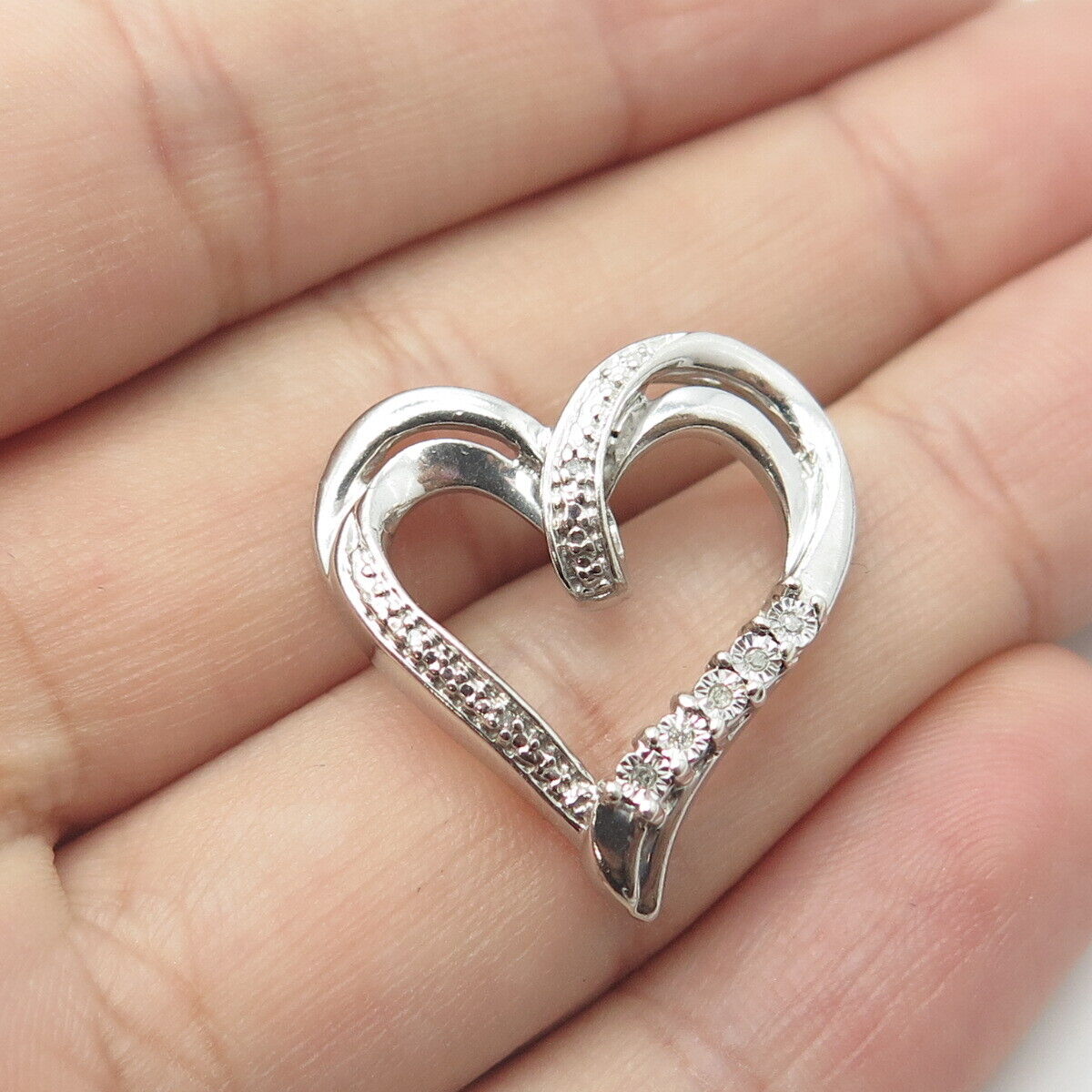 925 Sterling Silver Real Diamond Twisted Open Heart Pendant