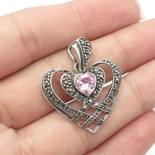 925 Sterling Silver Vintage Pink Heart-Cut Shaped C Z & Marcasite Heart Pendant