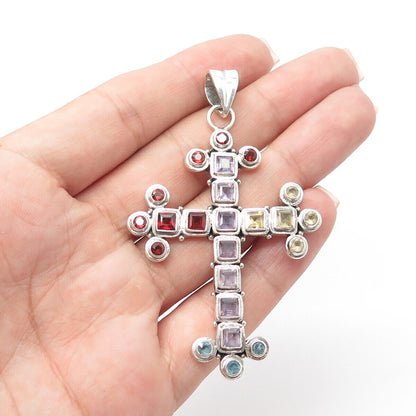 925 Sterling Silver Vintage Amethyst Citrine Red Garnet Topaz Gem Cross Pendant