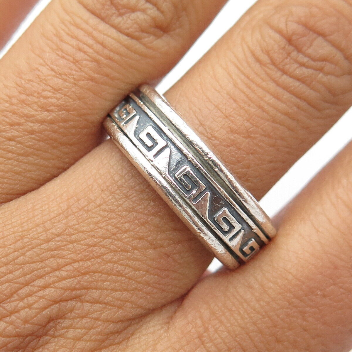 925 Sterling Silver Vintage Greek Maze Rotating Band Ring Size 11.25