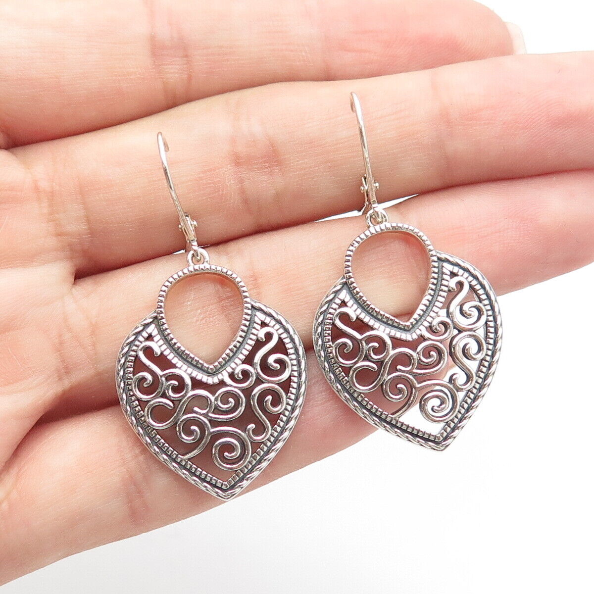 925 Sterling Silver Vintage Swirl Heart Dangling Earrings