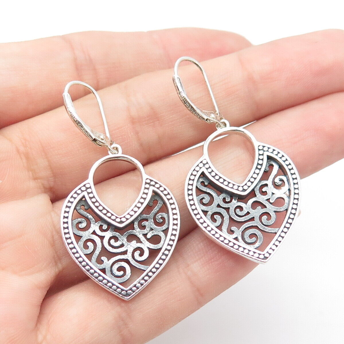 925 Sterling Silver Vintage Swirl Heart Dangling Earrings