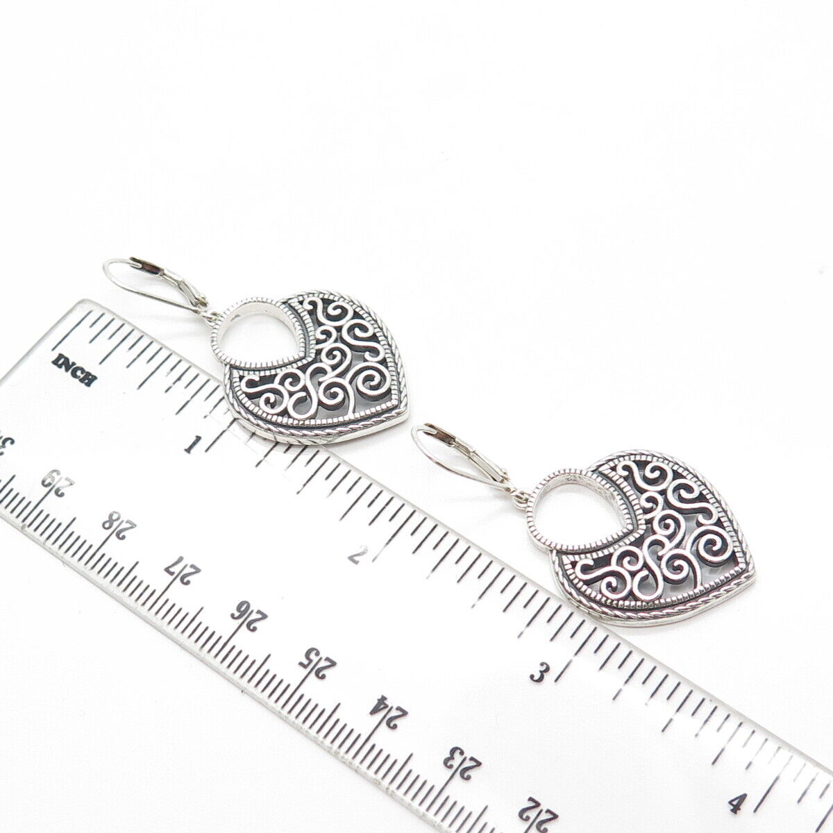 925 Sterling Silver Vintage Swirl Heart Dangling Earrings