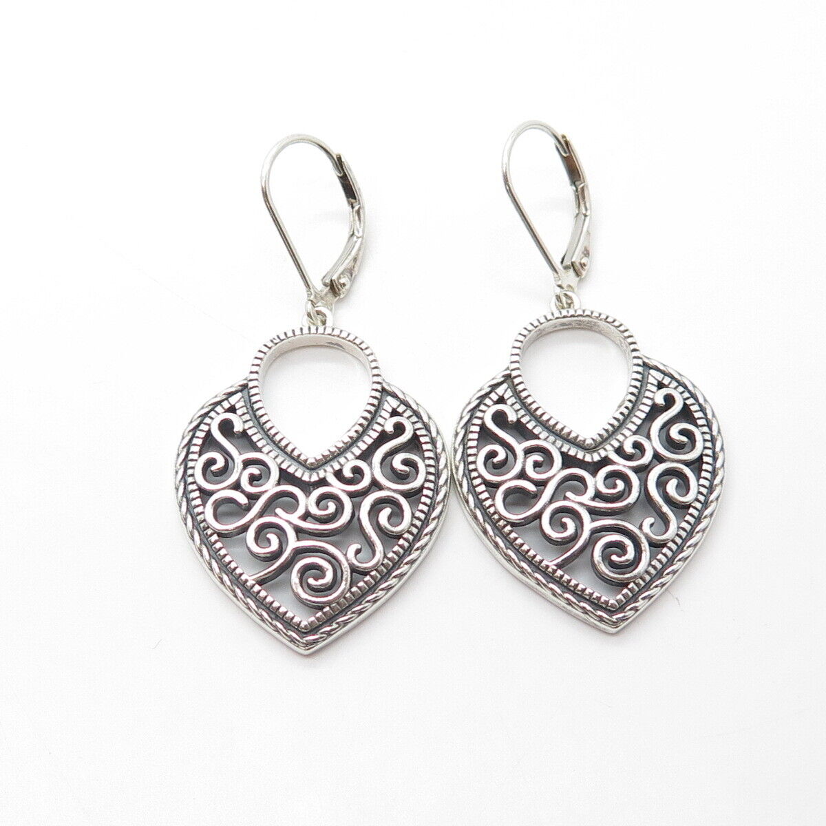 925 Sterling Silver Vintage Swirl Heart Dangling Earrings