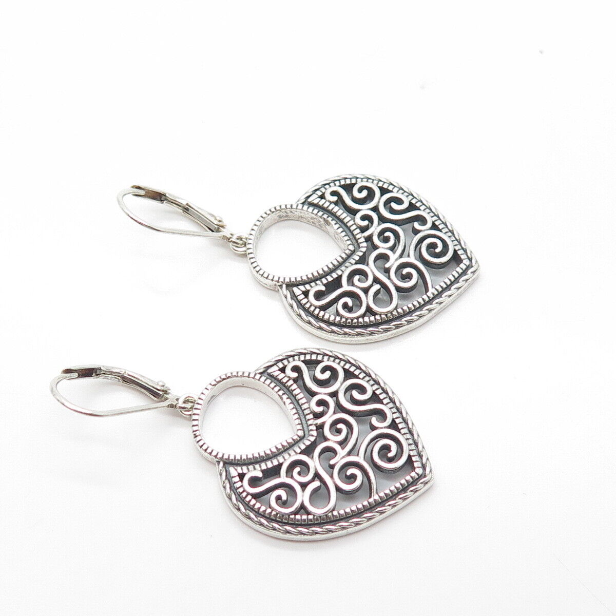 925 Sterling Silver Vintage Swirl Heart Dangling Earrings