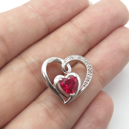 925 Sterling Silver Real Diamond & Lab-Created Ruby Heart Pendant