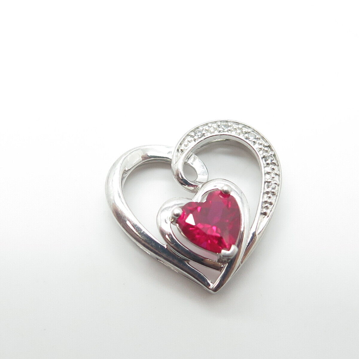 925 Sterling Silver Real Diamond & Lab-Created Ruby Heart Pendant