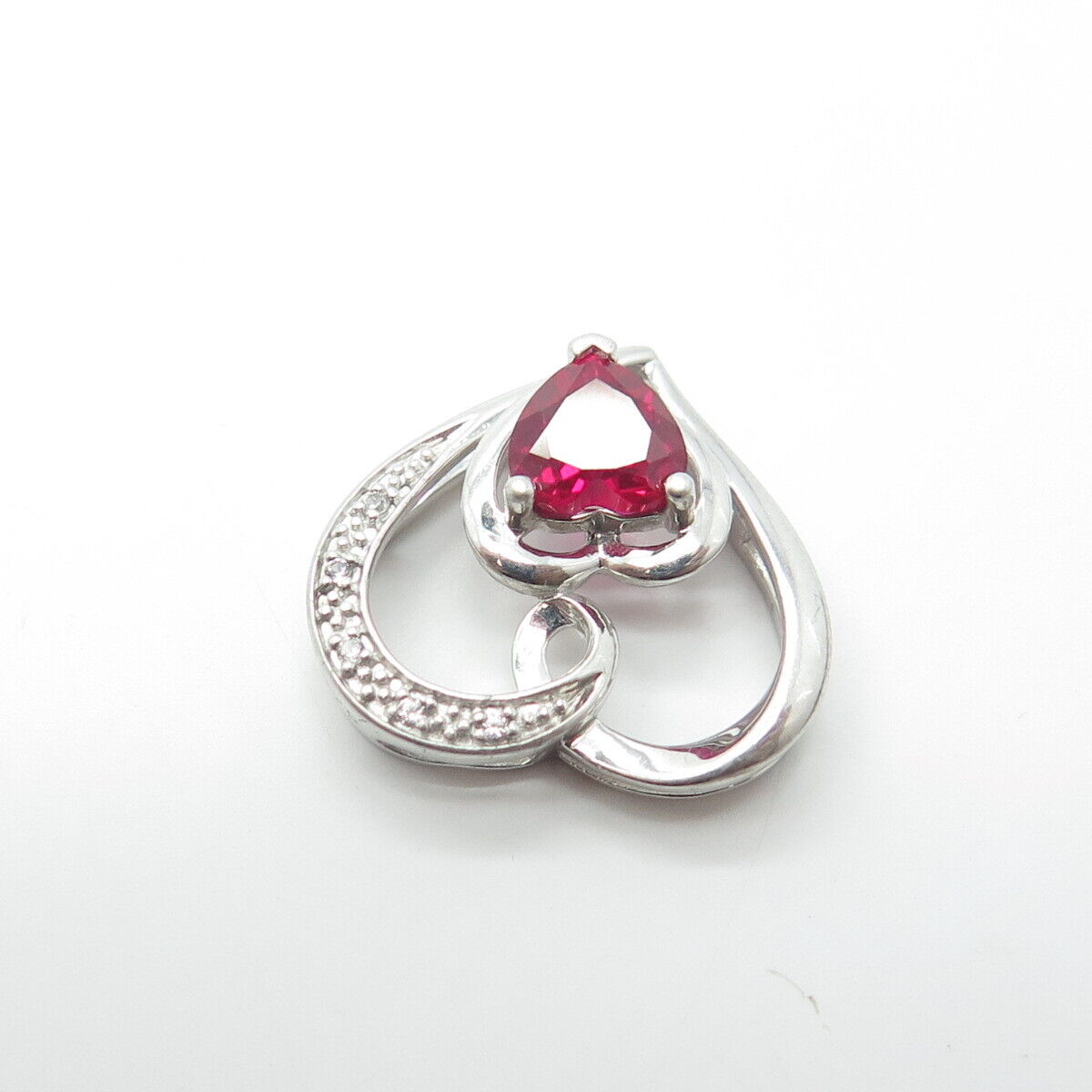 925 Sterling Silver Real Diamond & Lab-Created Ruby Heart Pendant