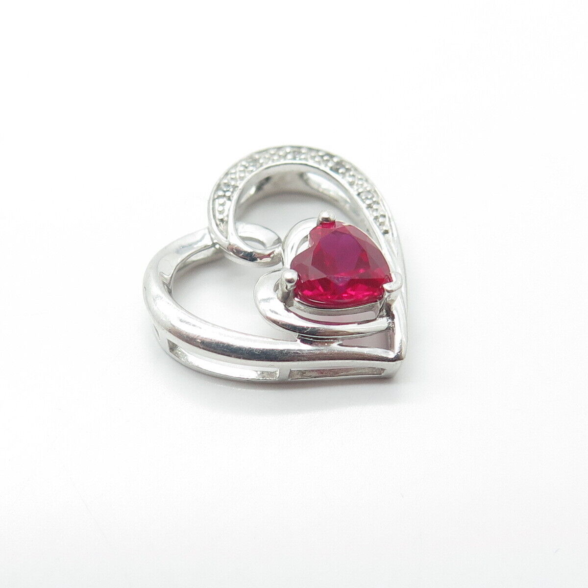 925 Sterling Silver Real Diamond & Lab-Created Ruby Heart Pendant