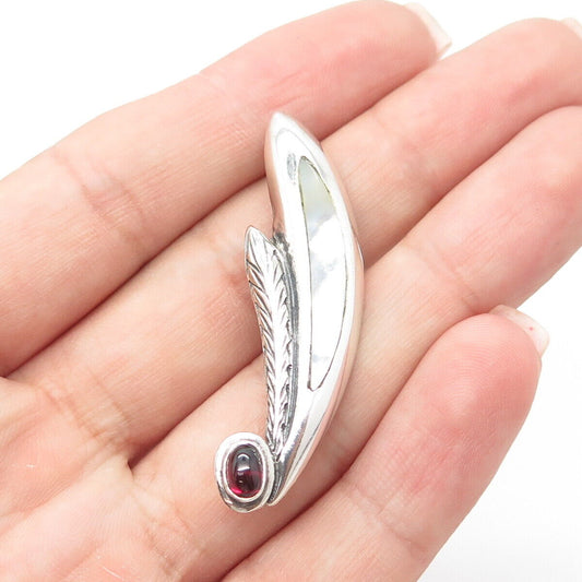 925 Sterling Silver Vintage Real Amethyst & Mother Of Pearl Feather Pin Brooch