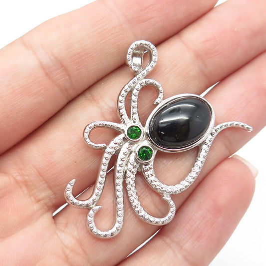 925 Sterling Silver Real Black Onyx & Peridot Gemstone Octopus Slide Pendant