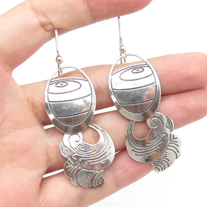 925 Sterling Silver Vintage Engraved Ethnic Dangling Hook Earrings