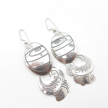 925 Sterling Silver Vintage Engraved Ethnic Dangling Hook Earrings