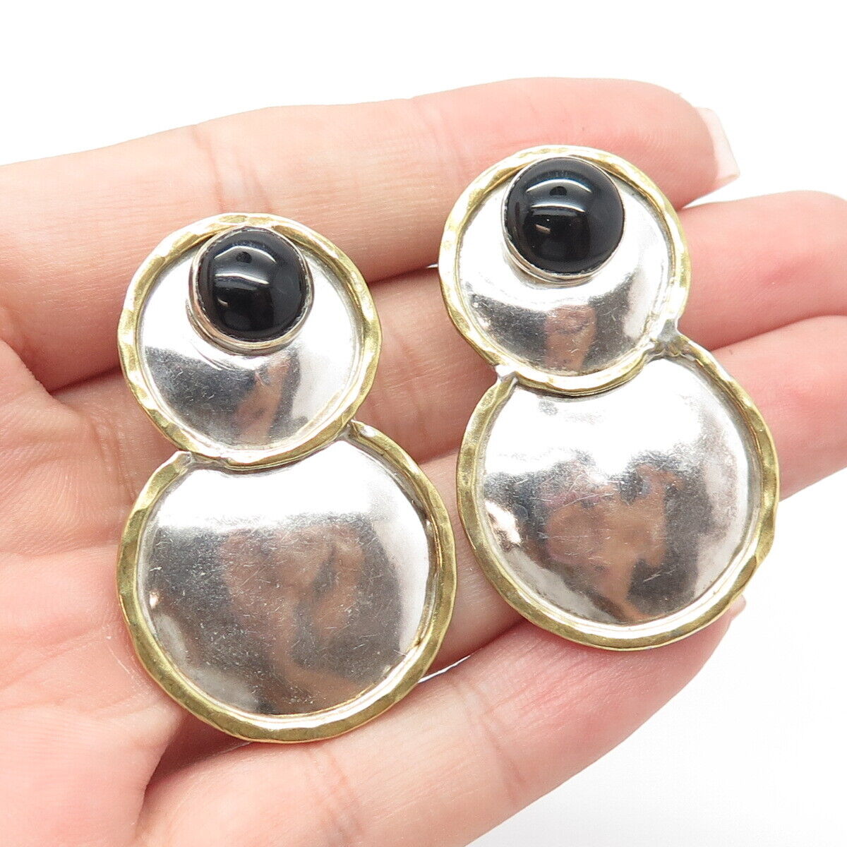 925 Sterling Silver 2-Tone Vintage Real Black Onyx Gem Hammered Clip On Earrings