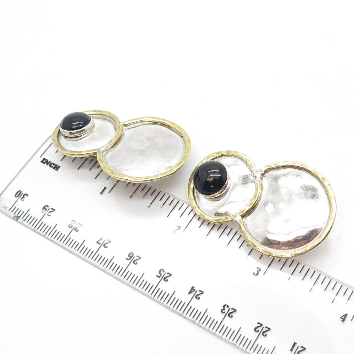 925 Sterling Silver 2-Tone Vintage Real Black Onyx Gem Hammered Clip On Earrings