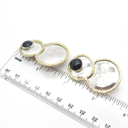 925 Sterling Silver 2-Tone Vintage Real Black Onyx Gem Hammered Clip On Earrings