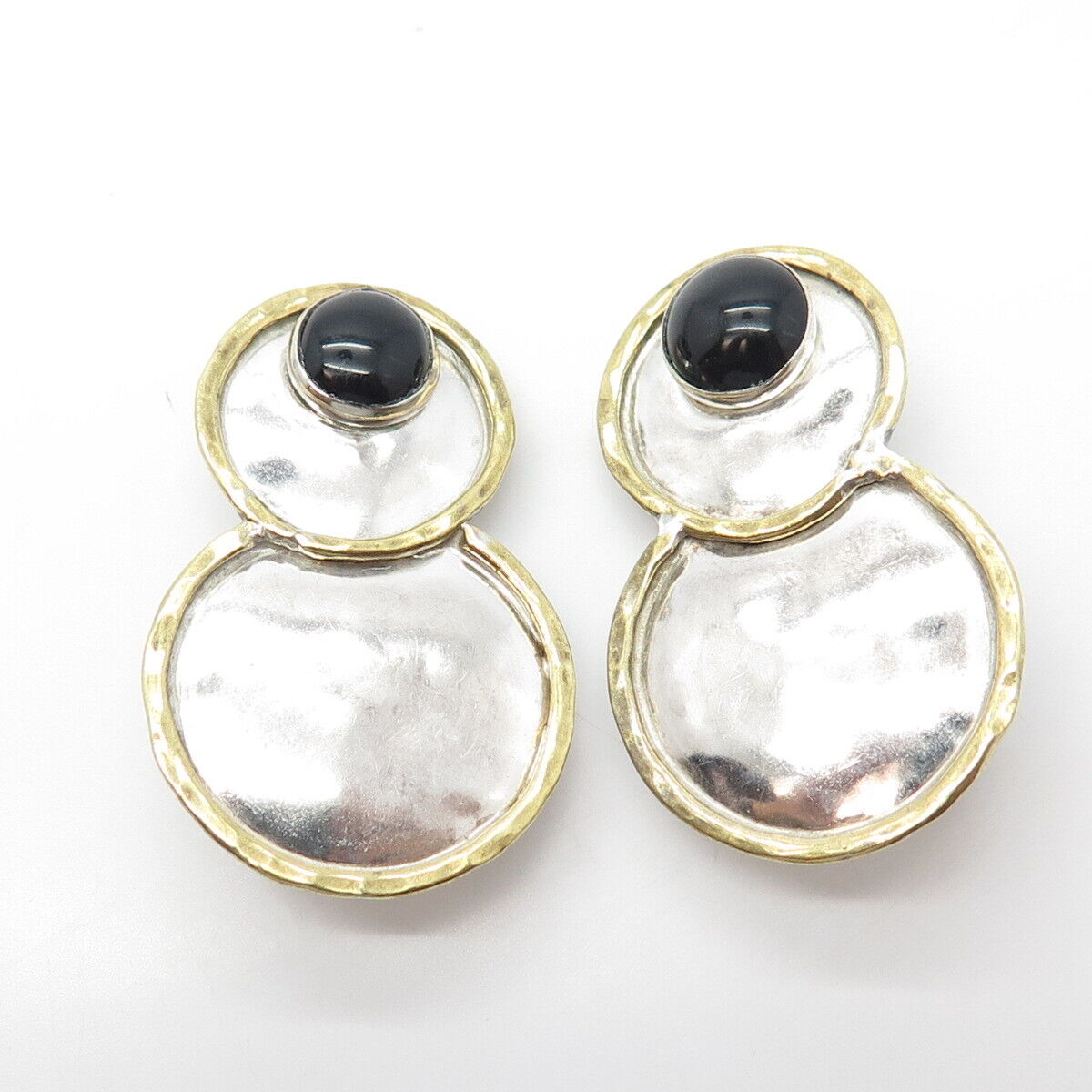 925 Sterling Silver 2-Tone Vintage Real Black Onyx Gem Hammered Clip On Earrings