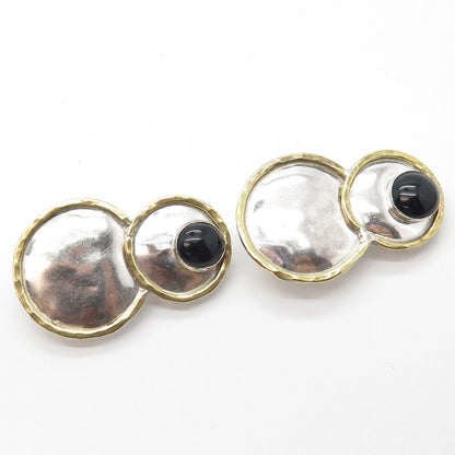 925 Sterling Silver 2-Tone Vintage Real Black Onyx Gem Hammered Clip On Earrings