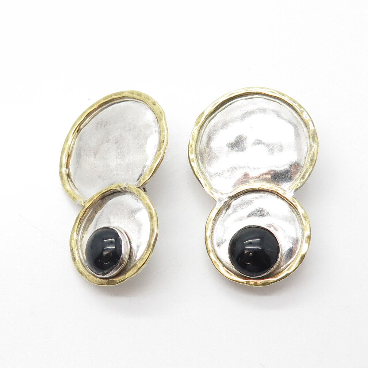 925 Sterling Silver 2-Tone Vintage Real Black Onyx Gem Hammered Clip On Earrings