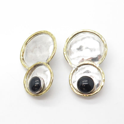 925 Sterling Silver 2-Tone Vintage Real Black Onyx Gem Hammered Clip On Earrings