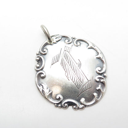 925 Sterling Silver Antique Art Deco Letter "F" Engraved Repousse Pendant