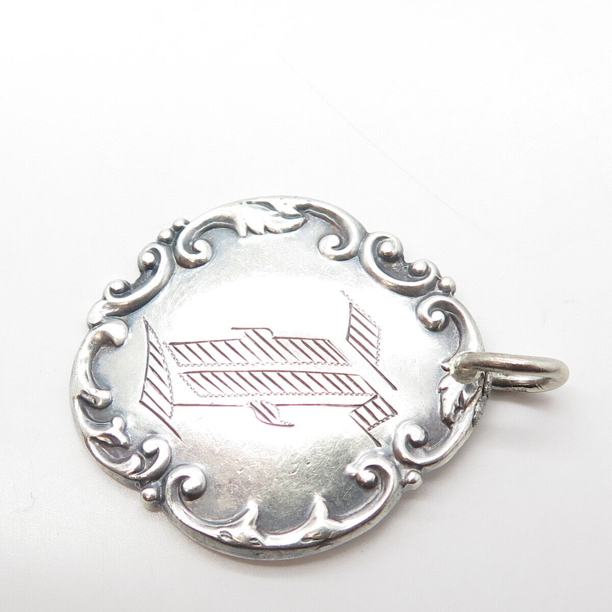 925 Sterling Silver Antique Art Deco Letter "F" Engraved Repousse Pendant