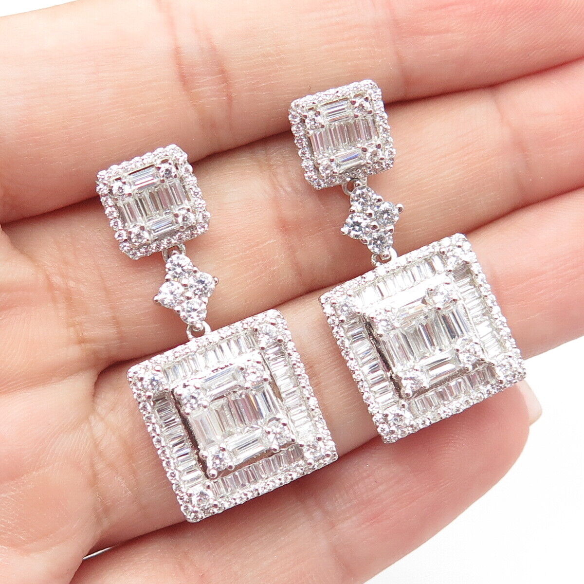 925 Sterling Silver White C Z Pave Square Dangling Drop Earrings