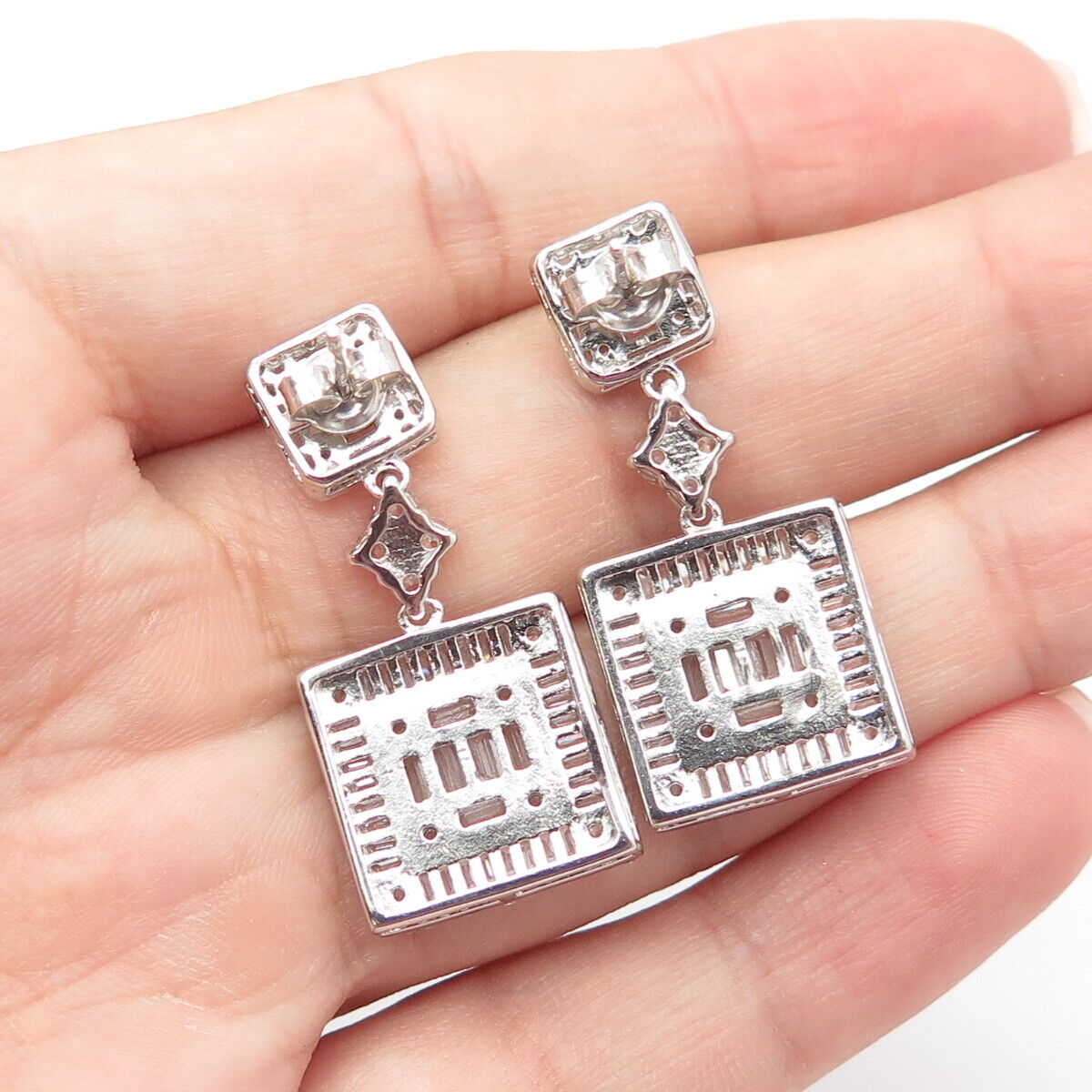 925 Sterling Silver White C Z Pave Square Dangling Drop Earrings